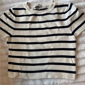 Zara Cream and Black Striped Short Sleeve Tee